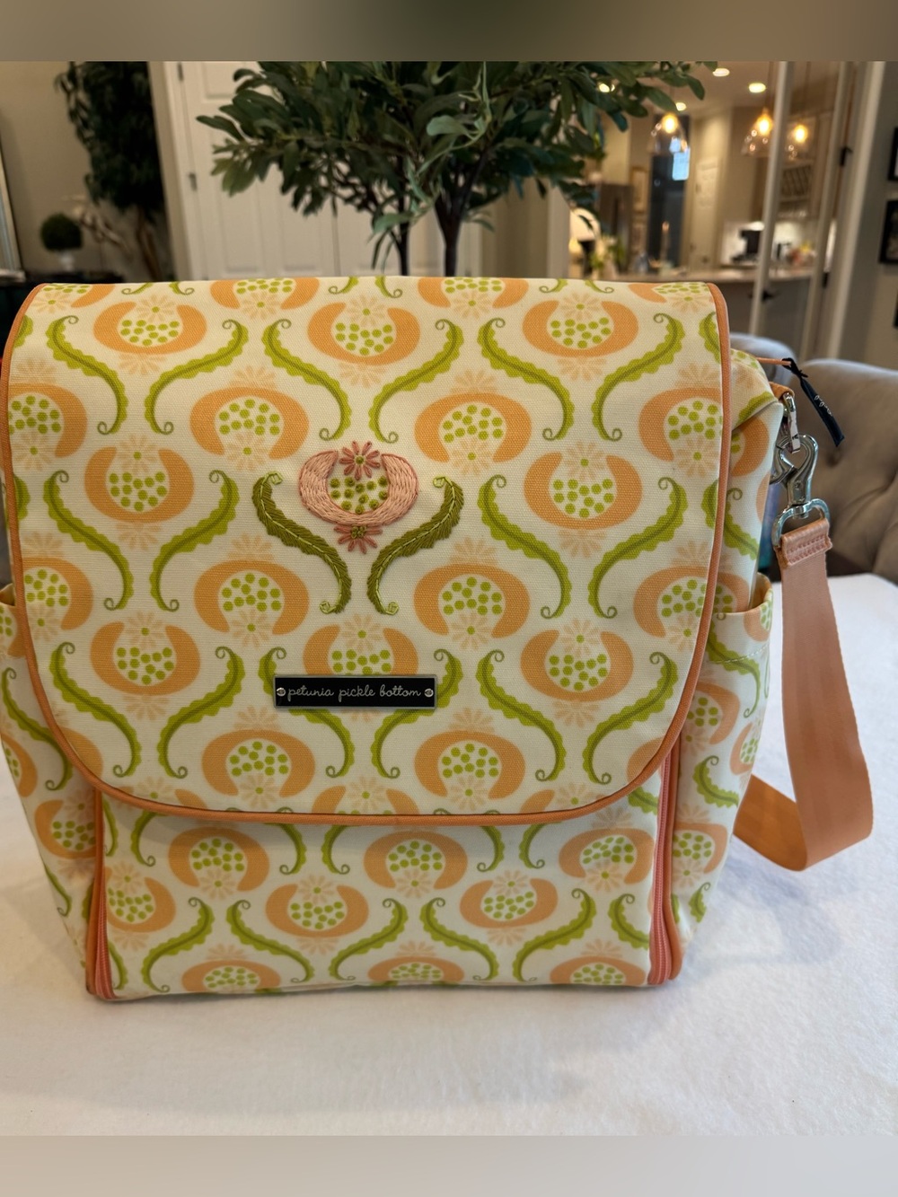Petunia Pickle Bottom Peach & Lime Patterned Baby Bag/Adjustable Backpack